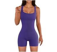AMhomely Women'S Shaping Bodysuits Ladies Shorts Jumpsuit Square Neck Playsuits Plus Size Ribbed Knitted Romper Shorts Solid Bodycon Short Leg Jumpsuits Yoga Workout Overall Shorts Purple 3XL