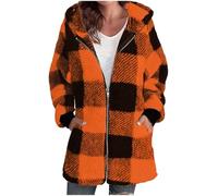 AMhomely Womens Sherpa Lined Flannel Jacket Oversized Jacket Zipper Coat 2025 Winter Full Zip Up Hooded Plaid Cropped Shacket with Side Pockets