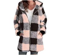 AMhomely Womens Sherpa Lined Flannel Jacket Oversized Jacket Zipper Coat 2025 Winter Full Zip Up Hooded Plaid Cropped Shacket with Side Pockets