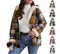 AMhomely Womens Sherpa Lined Flannel Jacket Oversized Jacket Zipper Coat 2025 Winter Full Zip Up Hooded Plaid Cropped Shacket with Side Pockets
