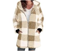 AMhomely Womens Sherpa Lined Flannel Jacket Oversized Jacket Zipper Coat 2025 Winter Full Zip Up Hooded Plaid Cropped Shacket with Side Pockets