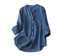 AMhomely Womens Shirts White Blouse Cotton Linen Tunic Tops for Women UK Button Down Casual Office Tops with Breasted Pocket Grandad Collar Tee Shirts Solid Loose Pullover Tops Dark Blue L