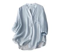 AMhomely Womens Shirts White Blouse Cotton Linen Tunic Tops for Women UK Button Down Casual Office Tops with Breasted Pocket Grandad Collar Tee Shirts Solid Loose Pullover Tops Light Blue XL