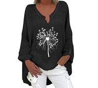 AMhomely Womens Short Front Long Back Tops Ladies Linen Shirts and Blouses Long Sleeve Dandelion Print Tunic Tops Vintage Floral Print Pullovers Shirts Elegant Party Tee Shirts Swing Shirts Black XXL