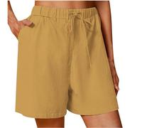 AMhomely Womens Shorts Cotton Linen Casual Plus Size Drawstring Elastic Waist Wide Legs Solid Color High Tracksuit Bottoms Ladies Loose Fit Comfort Yellow M