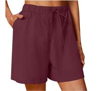 AMhomely Women's Shorts Plus Size Cotton Linen Shorts Women Summer Elastic Waisted with Pocket Drawstring Casual Beachwear Baggy Lounge Wide Leh Hot Pants Trousers Wine XXL