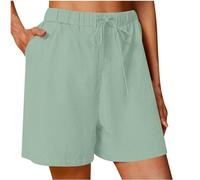 AMhomely Women's Shorts Plus Size Cotton Linen Shorts Women Summer Elastic Waisted with Pocket Drawstring Casual Beachwear Baggy Lounge Wide Leh Hot Pants Trousers Mint Green S