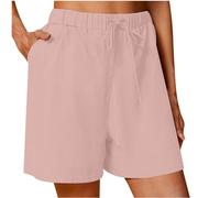 AMhomely Women's Shorts Plus Size Cotton Linen Shorts Women Summer Elastic Waisted with Pocket Drawstring Casual Beachwear Baggy Lounge Wide Leh Hot Pants Trousers Pink S