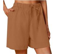 AMhomely Women's Shorts Plus Size Cotton Linen Shorts Women Summer Elastic Waisted with Pocket Drawstring Casual Beachwear Baggy Lounge Wide Leh Hot Pants Trousers Coffee M