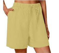 AMhomely Women's Shorts Plus Size Cotton Linen Shorts Women Summer Elastic Waisted with Pocket Drawstring Casual Beachwear Baggy Lounge Wide Leh Hot Pants Trousers Yellow M