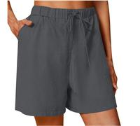 AMhomely Women's Shorts Plus Size Cotton Linen Shorts Women Summer Elastic Waisted with Pocket Drawstring Casual Beachwear Baggy Lounge Wide Leh Hot Pants Trousers Grey XXL