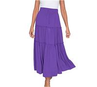 AMhomely Womens Skirts High Waist Casual Maxi Dress A-line Pleated Elastic Waisted Long Solid Swing Drawstring Floaty Beach Sportswear Ladies Party Purple XL
