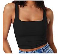 AMhomely Womens Sleeveless Square Neck Vest Tops UK Ribbed Knitted Tanks Tops Yoga Workout Camis Cropped Fitness Camis Vest T Shirts Tees Tunic Summer Black L