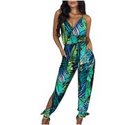 AMhomely Womens Striped Printed Spaghetti Strap Bohemian Side Slit Wide Leg Siamese Pants Ladies Summer Striped Playsuit Casual Romper Sale, A-green, M