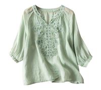 AMhomely Womens Summer Blouse Half Sleeve Embroidery Shirts for Women Elegant Oversize Tunic Tops Lightweight Casual Blouse Shirts Solid Loose Pullover Tops Comfort Breath Dressy Green XXL