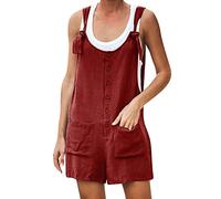 AMhomely Women's Summer Casual Cotton Linen Short Overalls Adjustable Straps Bib Shortalls with Pockets Knot Straps Jumpsuits Short Legs Overalls Shorts Casual Short Playsuits Holiday Romper, 01 Wine