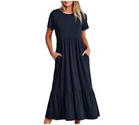 AMhomely Women's Summer Casual Short Sleeve Crewneck Swing Dress Flowy Tiered Maxi Beach Dress with Pockets, Navy, S (Waist: 26 inches)
