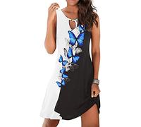 AMhomely Women's Summer Casual Tshirt Dresses V Neck Short Sleeve Loose Dress Spring for Women 2023 Cute Cold Shoulder A Line Boho Beach Mini Sleeveless Floral Dress, 02 Blue Butterfly