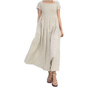 AMhomely Womens Summer Dresses Linen Cotton and Linen Dresses Empire Waisted Maxi Dress Elegant Short Sleeve Casual Pleated Dress High Waisted A-line Vintage Tunic Holiday 01 Beige M