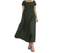 AMhomely Womens Summer Dresses Linen Cotton and Linen Dresses Empire Waisted Maxi Dress Elegant Short Sleeve Casual Pleated Dress High Waisted A-line Vintage Tunic 01 Army Green XXL