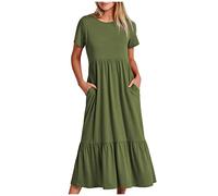 AMhomely Womens Summer Dresses with Pockets-Ladies Tiered Maxi Dresses,Solid Casual Crewneck Lounge Dress,Loose Long Flowy Beach Smocked Dress,Holiday Vacation Travel A Army Green M