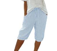 AMhomely Womens Summer Knee Length Shorts-Straight Leg Shorts Plus Size,Stripe Print Casual Yoga Pants with Pocket,Drawstring Elastic Waisted Tracksuit Bottoms,Holiday Vacation A Blue M