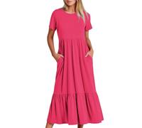 AMhomely Womens Summer Maxi Dresses Casual-A line Tiered,Flowy,Short Sleeve,Crewneck,T Shirt Beach Travel Long Dresses,Plain Stretchy Dress,Elegant Soft Comfy Sundress C Pink S