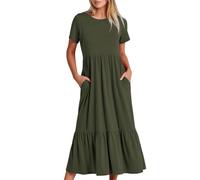 AMhomely Womens Summer Maxi Dresses Casual-A line Tiered,Flowy,Short Sleeve,Crewneck,T Shirt Beach Travel Long Dresses,Plain Stretchy Dress,Elegant Soft Comfy Sundress C Army Green XXL