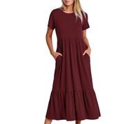 AMhomely Womens Summer Maxi Dresses Casual-A line Tiered,Flowy,Short Sleeve,Crewneck,T Shirt Beach Travel Long Dresses,Plain Stretchy Dress,Elegant Soft Comfy Sundress C Wine M