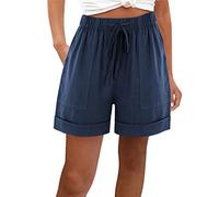 AMhomely Women's Summer Plus Size High Waist Cotton Linen Shorts Navy XXL