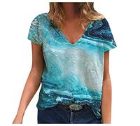 AMhomely Women's Summer Tops 2024 Loose Casual Blouses Ladies Short Sleeve V Neck Tops Rainbow Tie-dye Tunic Vintage Casual Pullover Tops Loose Basic Tee Shirts Holiday Party Blue XXL