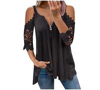 AMhomely Womens Summer Tops Plus Size 3/4 Lace Sleeve Pleated Tops Longline Loose Shirts Blouses 1/4 Zipper Cold Shoudler Blouses Sexy Elegant Tee Tops for Work Office 01 Black 5XL