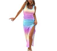 AMhomely Womens Summer Vest Dresses-Cami Maxi Dress with Split,Rainbow Stripe,Ribbed Knitted,U Neck,Stretchy,Side Drawstring,Ruched Smocked Sundress,Beach Cover Ups,Casual,Lounge,Holiday A Pink L