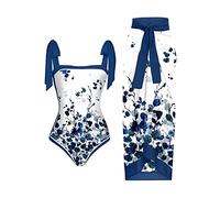 AMhomely Women's Swimming Costumes Sexy Bikini with Cover Up Skirts Chiffon Sarong Bathsuit One-Piece Swimwear Kimono Wrap Floral Print Beachwear Suit Ladies Elegant Modest Sweatsuit, 01 Blue