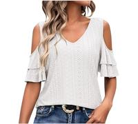 AMhomely Womens T Shirts Ladies Cold Shoulder Blouses Short Sleeve V Neck Tunic Tops Summer Ruffle Casual Smart Tees Shirts Baggy Solid Pleated Tees Shirts Elegant Blouse Going Out White S
