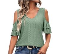 AMhomely Womens T Shirts Ladies Cold Shoulder Blouses Short Sleeve V Neck Tunic Tops Summer Ruffle Casual Smart Tees Shirts Baggy Solid Pleated Tees Shirts Elegant Blouse Going Out Green S