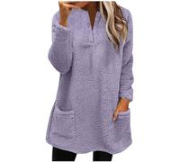 AMhomely Womens Teddy Fleece Hoodie Plus Size Shaggy Hooded Sweatshirts Solid V Neck Tunic Tops Soft Warm Blouse Hood Loose Thermal Pullover Loungewear Purple XL