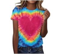 AMhomely Womens Top Ladies Tie Dye T Shirts Plus Size Short Sleeve Tops Rainbow Gradient Heart Pullover Blouse Crewneck Loose Fit Tees Shirts Funny Graphic Tee Blouse Red XL