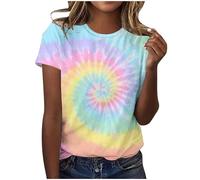 AMhomely Womens Top Tie Dye Tops Adult Plus Size Short Sleeve Tops Rainbow Gradient Casual Pullover Blouse Loose Fit Tees Shirts Funny Graphic Tee Shirts Active Blouse Light Blue XXL