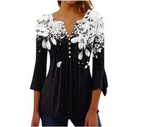 AMhomely Women's Tops Black 3/4 Length Sleeve Ruched Top Floral Printed Button Shirts Elegant Pleated Blouse Plus Size Casual Flowy Tunic Blouse Swing T-Shirts Summer Tops Going Out Black M