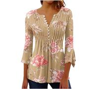 AMhomely Women's Tops Black 3/4 Length Sleeve Ruched Top Floral Printed Button Shirts Elegant Pleated Blouse Plus Size Casual Flowy Tunic Blouse Swing T-Shirts Summer Tops Going Out Gold XL