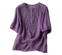 AMhomely Womens Tops Ladies Shirts and Bouses Cotton Linen Half Sleeve Embroidery Tunic Tops Oversized Casual Shirts Solid Buttons Tees Shirts Elegant Crewneck Pullover Tops Going Out Purple L