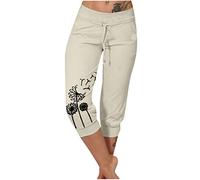 AMhomely Women's Trousers Drawstring Sweatpants 3/4 Length Trousers Summer Casual Pants with Pocket Floral Print Cropped Pants Elastic High Waist Sports Pants Plus Size Cinch Bottom Pants Beige 3XL
