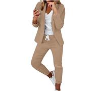 AMhomely Women's Two-Piece Suit Set Plain Trouser Suit Long Sleeve Notched No Button Blazer Jacket + Pants Solid Work Business Office Casual Smart Outfits Sets Ladies Uniform UK Khaki L
