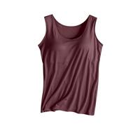 AMhomely Women's Vest Top with Built in Bra Ladies Cami Top Pyjamas V Neck Casual Basic Tops Loungewear Solid Loose Tanks Tops Tshirts Crewneck Modal Tunic Shirts Yoga Gym Vests Wine L