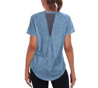 AMhomely Womens Workout Tops Gym Shirts Short Sleeve Lightweight Moisture Wicking Quick Dry Back Mesh Loose Fit Sports Tops for Ladies Blue