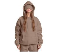 AMhomely Women's Zip Pocket Hoodie, Built-in Eye Mask, 2 Side + 2 Shoulder Pockets, Airplane Sleepwear, Soft Lightweight Homewear,J21- Brown,M