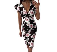 AMhomely Work Dress Womens Bodycon Party Evening Gowns Cap Sleeve Ruffle Floral Pencil Dress Ladies Elegant Slim Ruched Pencil Sheath Summer Red Long Date Dinner Clubbing