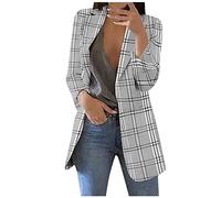 AMhomely Work Jackets for Women Office Formal Open Front Long Casual Blazer Tartan Checkered Plaid Print Blazer Jackets, Z01-grey, XXL