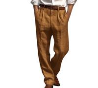 AMhomely Work Trousers Men Plus Size Straight Leg Cargo Pants with Pocket Solid Casual Office Trousers Dress Pants 15% Linen Summer Breathable Joggers Sweatpants Coffee S